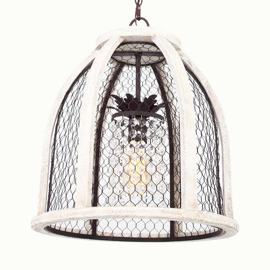 Dome Dining Room Hanging Light Kit - Traditional Metal Pendant Lighting Distressed White With Cage