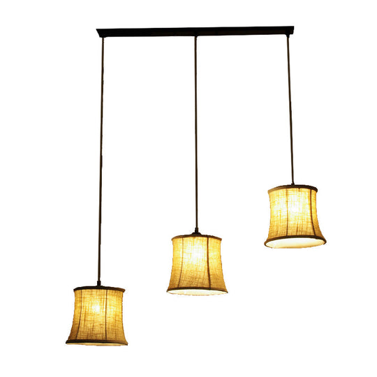 Classic 3-Light Drum Cluster Pendant With Flaxen Fabric And Round/Linear Canopy