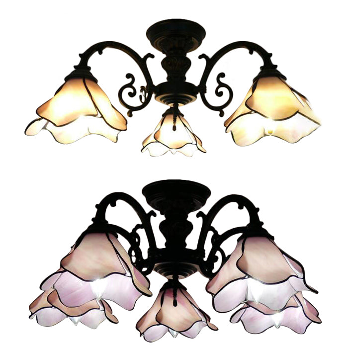 Vintage Stained Glass Petal Chandelier Lamp: 3/5 Bulbs Living Room Ceiling Light In Pink