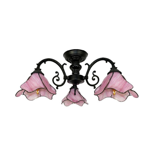 Vintage Stained Glass Petal Chandelier Lamp: 3/5 Bulbs, Living Room Ceiling Light in Pink