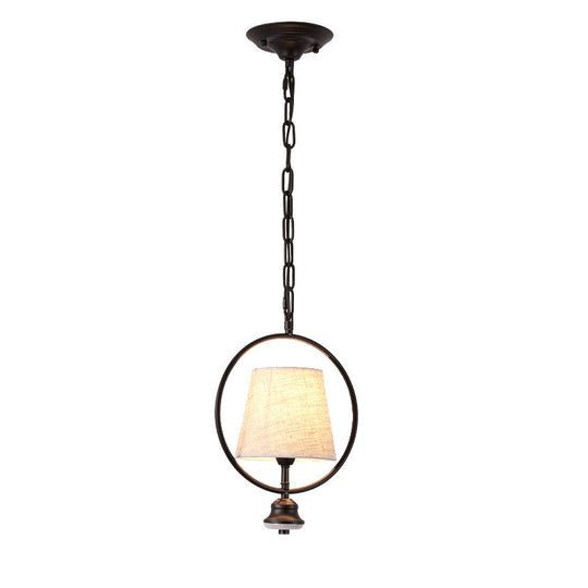 Black Fabric Pendant Light With Traditional Trapezoid Design And Iron Ring