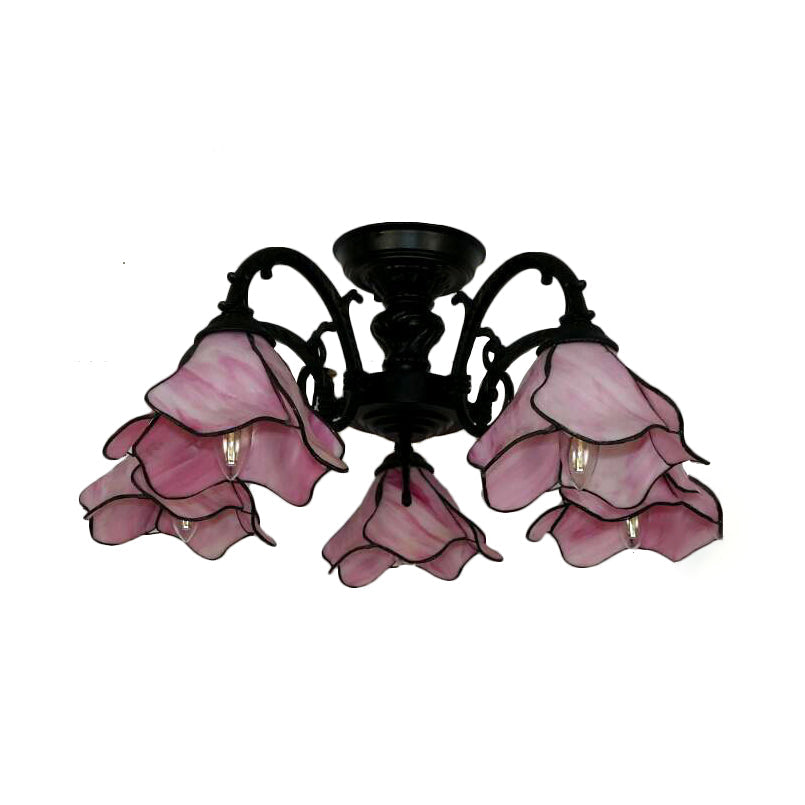 Vintage Stained Glass Petal Chandelier Lamp: 3/5 Bulbs Living Room Ceiling Light In Pink