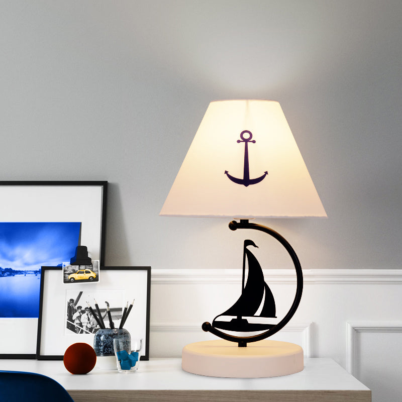 Kids Single-Bulb White Nightstand Lamp With Empire Shade Sailing Boat Decor & Fabric Table Lighting