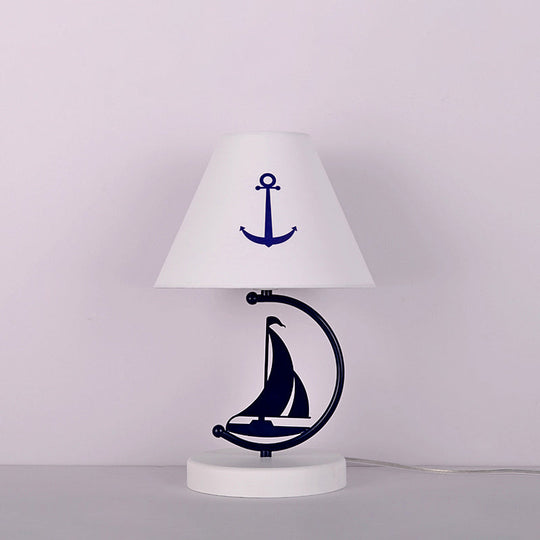 Kids Single-Bulb White Nightstand Lamp With Empire Shade Sailing Boat Decor & Fabric Table Lighting