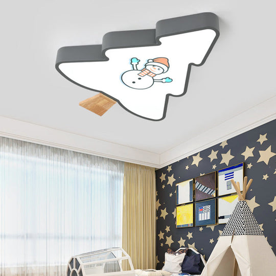 Kids LED Green/Gray Tree Flush Mount Light: Acrylic Ceiling Fixture with Snowman Pattern