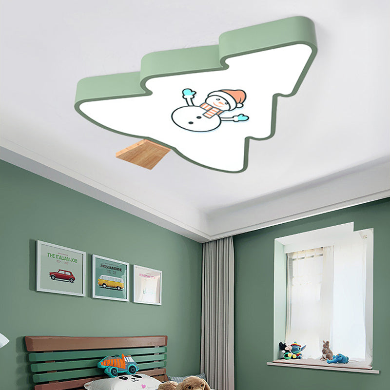 Kids LED Green/Gray Tree Flush Mount Light: Acrylic Ceiling Fixture with Snowman Pattern