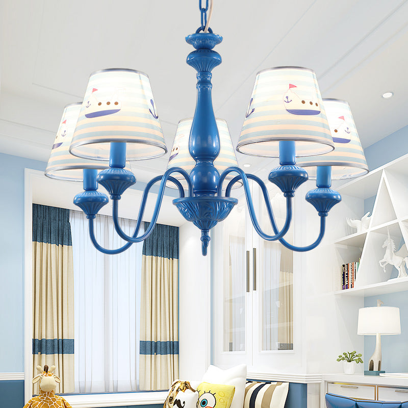 Modern Blue Fabric Chandelier Light Fixture - 5 Heads Empire Shade Patterned Design Ideal For Childs