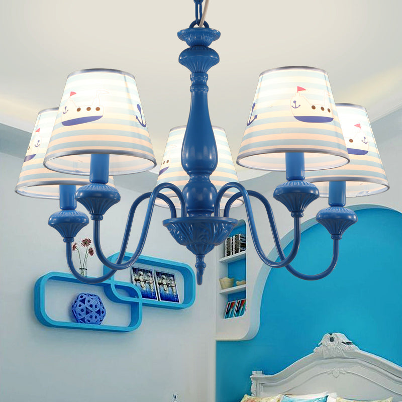 Modern Blue Fabric Chandelier Light Fixture - 5 Heads Empire Shade Patterned Design Ideal For Childs