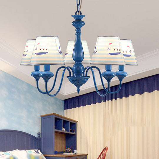 Modern Blue Fabric Chandelier Light Fixture - 5 Heads Empire Shade Patterned Design Ideal For Childs