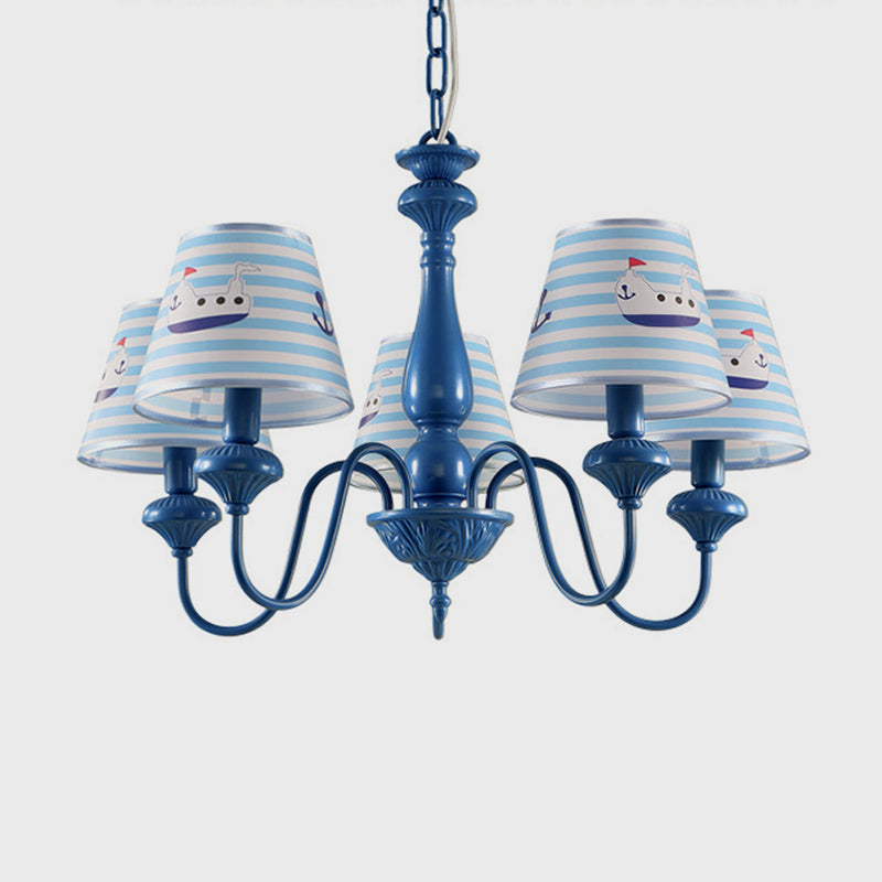 Modern Blue Fabric Chandelier Light Fixture - 5 Heads Empire Shade Patterned Design Ideal For Childs