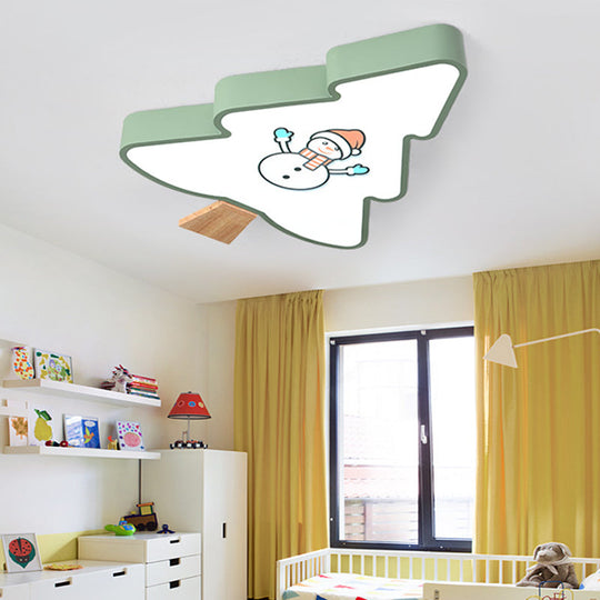 Kids LED Green/Gray Tree Flush Mount Light: Acrylic Ceiling Fixture with Snowman Pattern