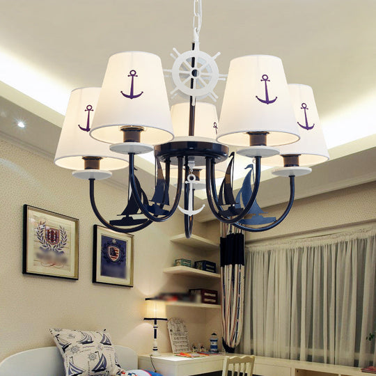 Tapered Chandelier Pendant Light Minimalist White Fabric Hanging For Kindergarten With Anchor