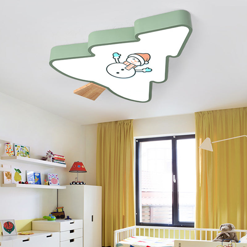 Kids Led Green/Gray Tree Flush Mount Light: Acrylic Ceiling Fixture With Snowman Pattern