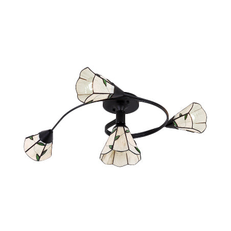 Tiffany Style Stained Glass Bedroom Semi Flushmount Light in White with Curved Design - 4/6 Heads