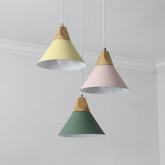 Nordic Style Hanging Pendant Light With Metallic Conical Shade - 3 Bulbs Wood Multi