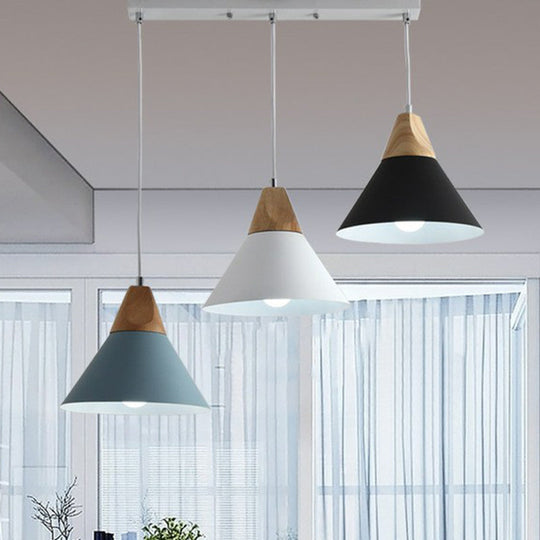 Nordic Style Hanging Pendant Light With Metallic Conical Shade - 3 Bulbs Wood Multi