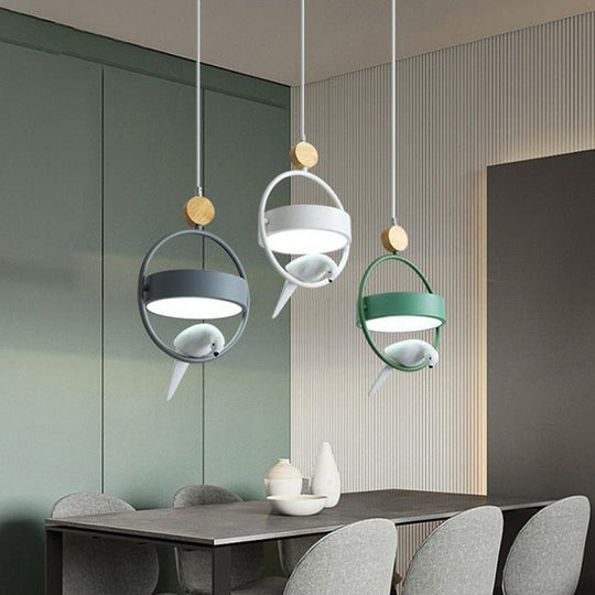 Metal 3-Bulb Ring Dining Room Ceiling Lamp With Bird Decor In Gray-Green