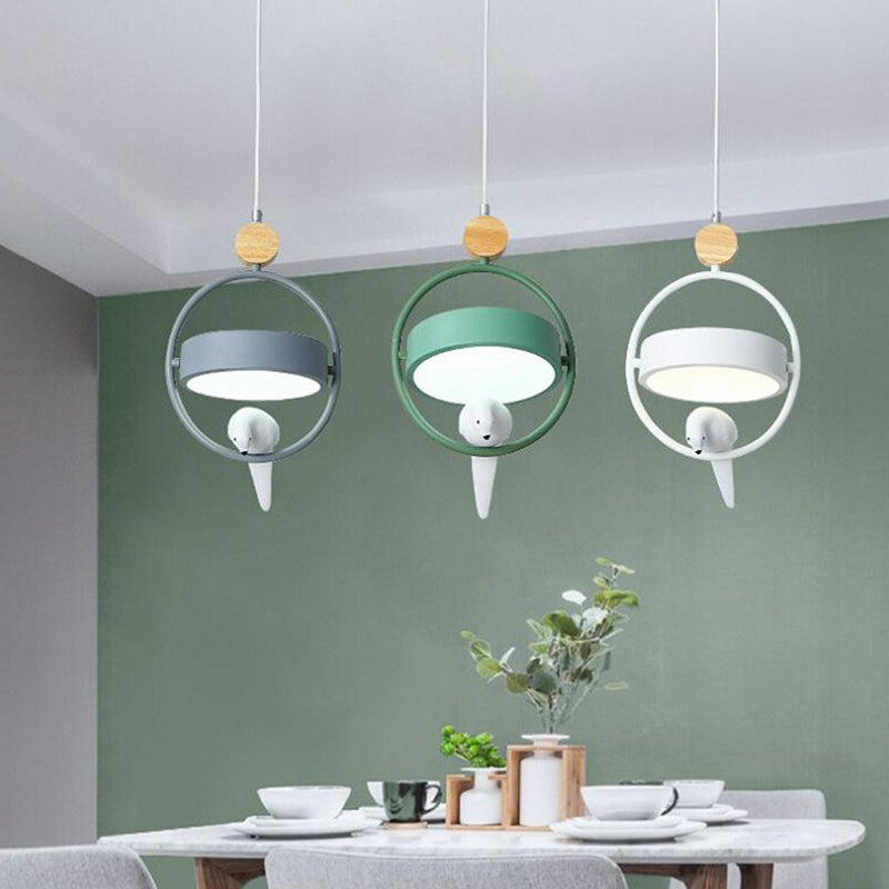 Metal 3-Bulb Ring Dining Room Ceiling Lamp With Bird Decor In Gray-Green