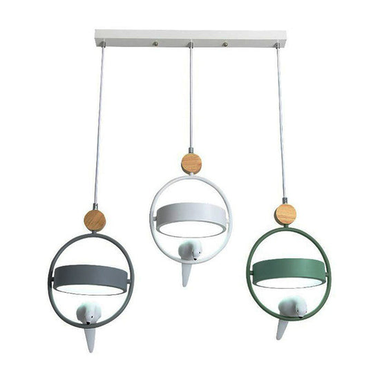 Metal 3-Bulb Ring Dining Room Ceiling Lamp With Bird Decor In Gray-Green