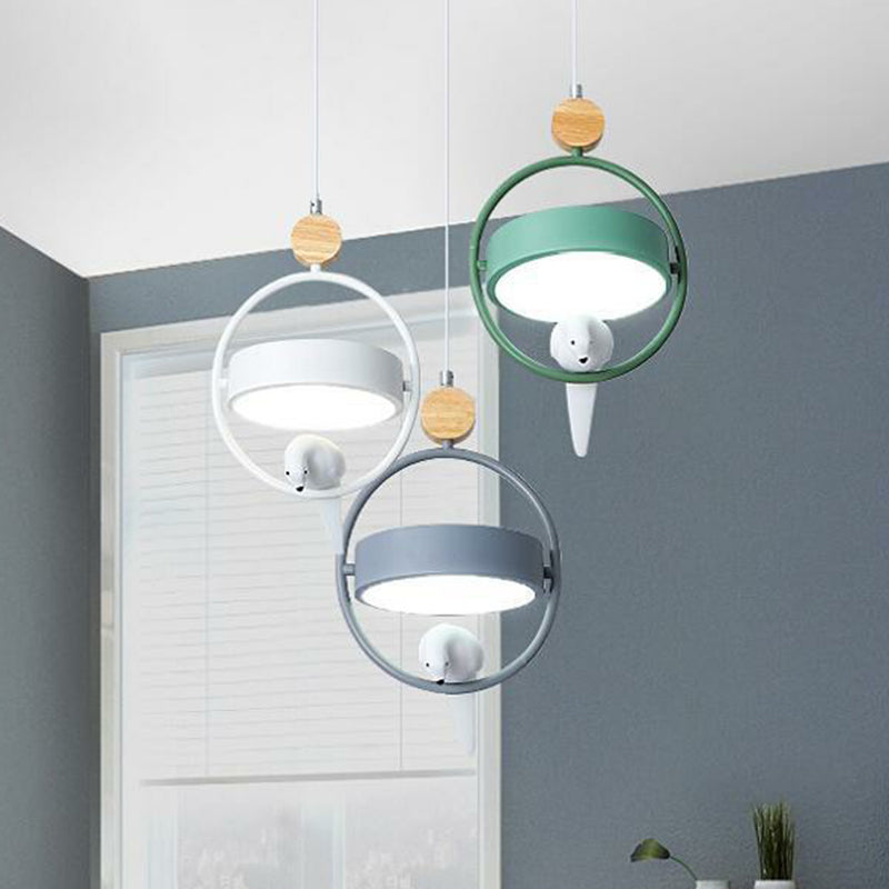 Metal 3-Bulb Ring Dining Room Ceiling Lamp With Bird Decor In Gray-Green / Round