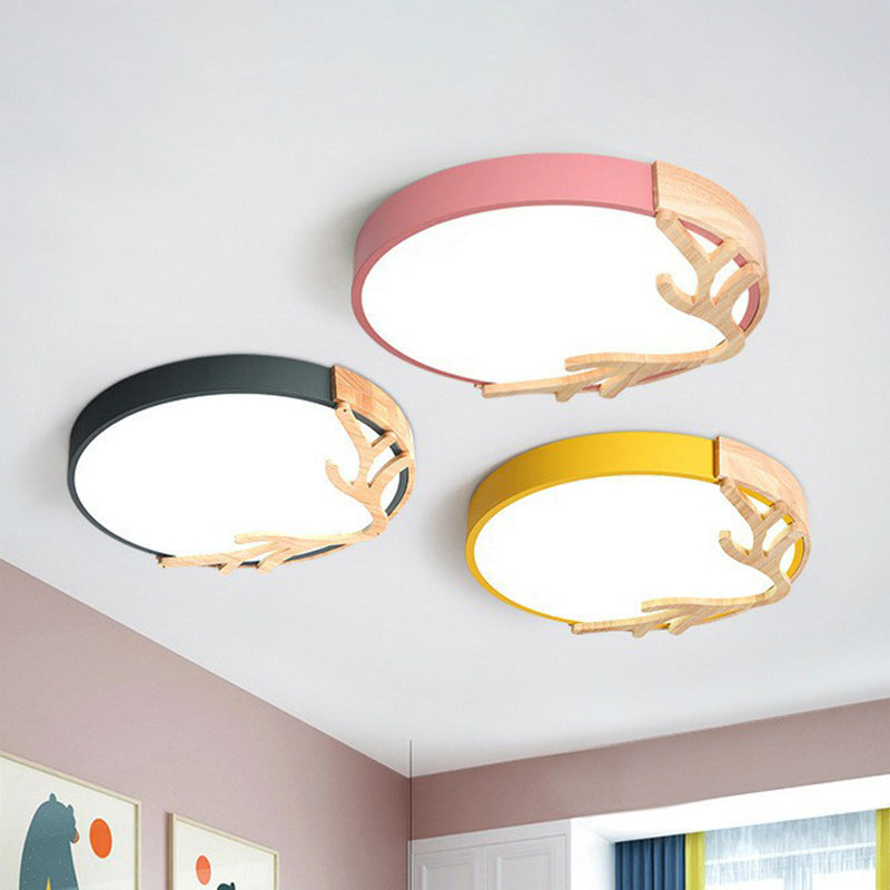 Sleek Metal Circle LED Flush Mount Ceiling Light - Ultra-Thin Design with Wooden Antler Accent, Various Sizes & Colors