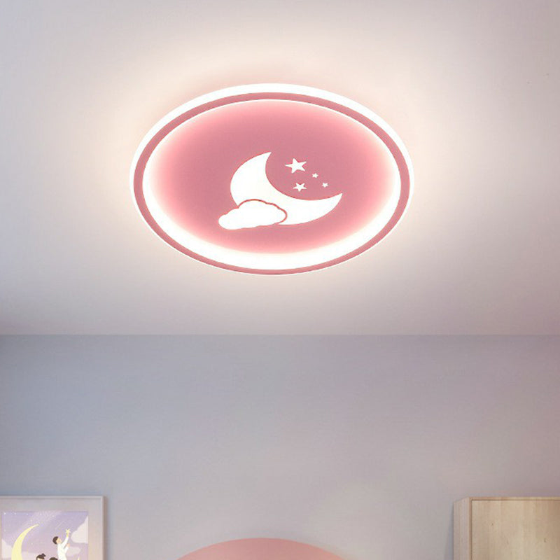 Nordic Style LED Flush Mount Ceiling Light with Star and Moon Pattern - Metallic Ring Shaped