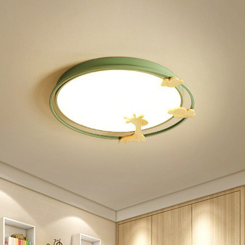 Metallic Cartoon Led Flush Mount For Kids Bedroom With Wooden Decor