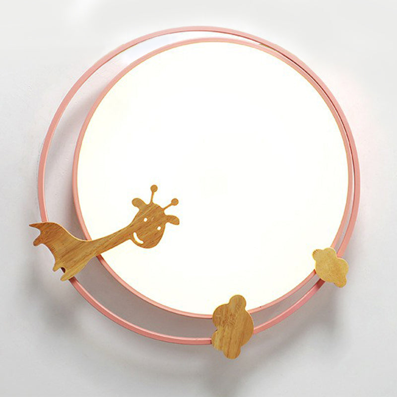 Metallic Cartoon Led Flush Mount For Kids Bedroom With Wooden Decor