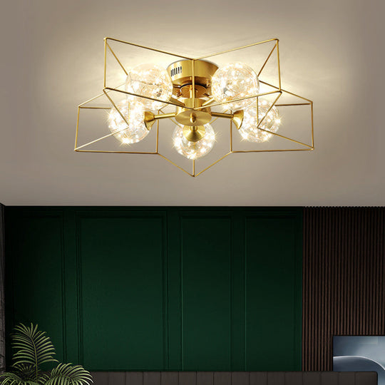 Modern Style Led Flush Ceiling Light With Clear Glass Sphere And Star Metal Frame Brass / Natural