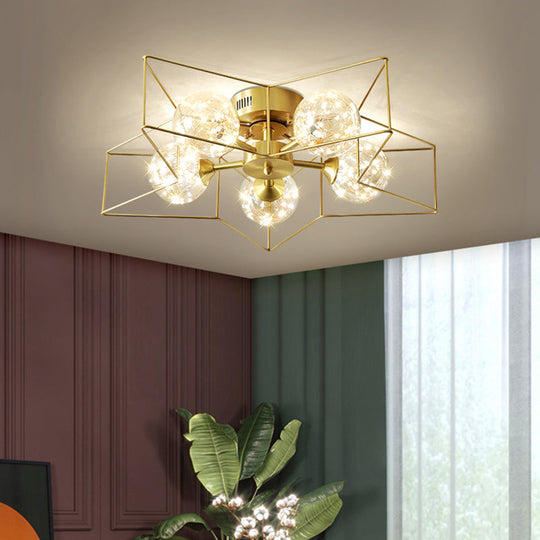 Modern Style Led Flush Ceiling Light With Clear Glass Sphere And Star Metal Frame