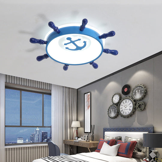 Anchor Pattern Flush Mount LED Ceiling Light with Blue Rudder Design for Kids, Warm/White Light