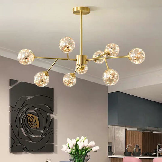 Modern Metallic Branch-Shaped LED Chandelier Pendant Light with Glass Sphere Shade