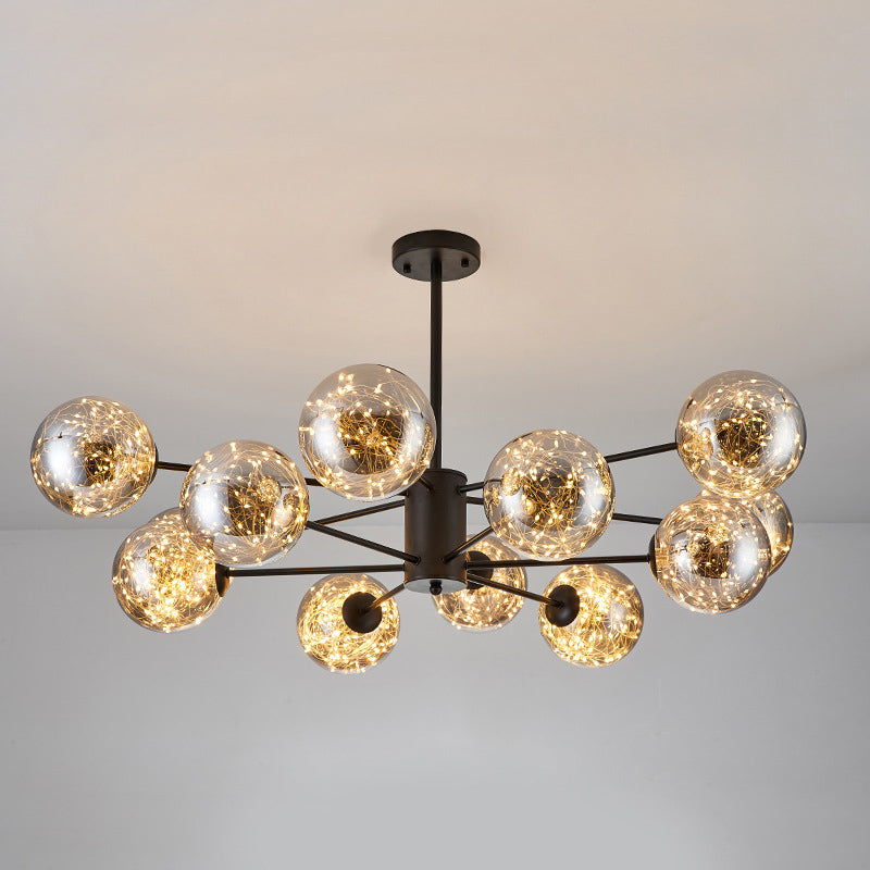 Modern Led Chandelier Light: Clear Glass Sphere Ceiling Fixture For Living Room Black / Natural A