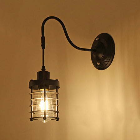 Farmhouse Wall Mount Light Fixture - Metal Cage Design Black Finish / Cylinder