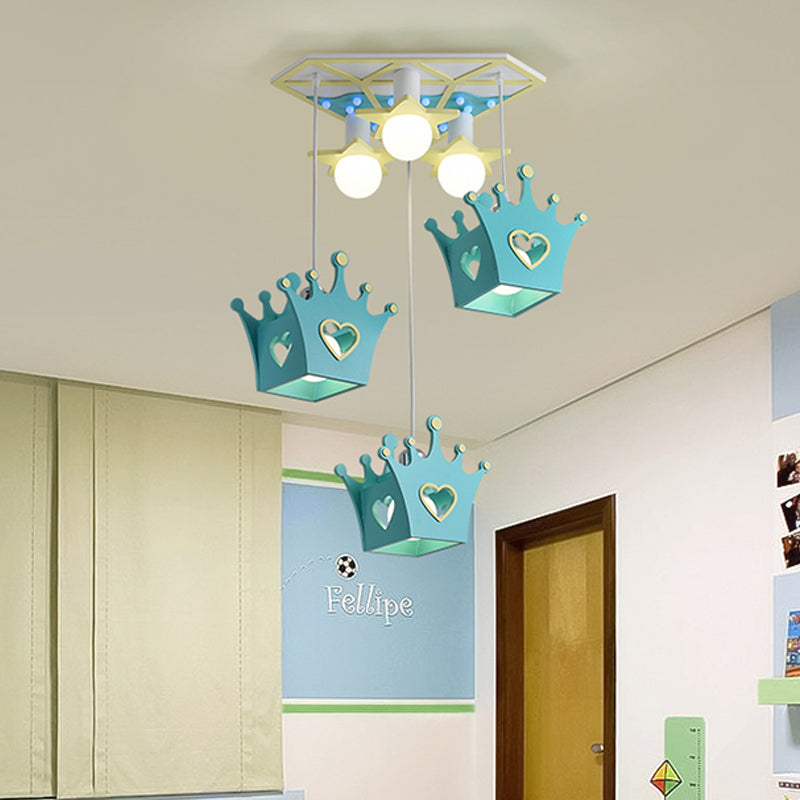 Cartoon Style Wooden Crown Pendant Ceiling Light With 6 Blue/Pink Lights - Triangle Canopy