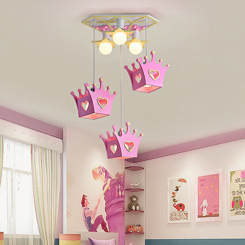 Cartoon Style Wooden Crown Pendant Ceiling Light With 6 Blue/Pink Lights - Triangle Canopy