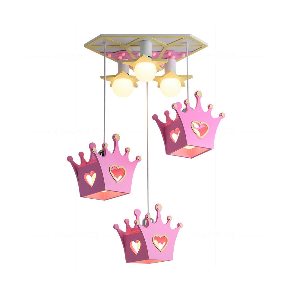 Cartoon Style Wooden Crown Pendant Ceiling Light With 6 Blue/Pink Lights - Triangle Canopy