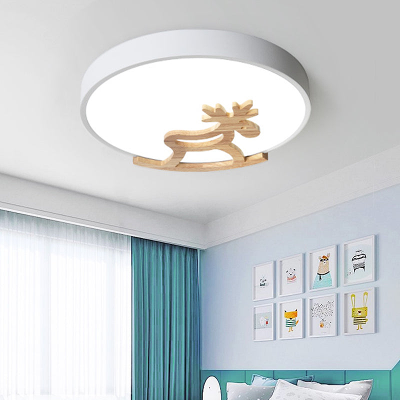 Kids Led Deer Flush Mount Ceiling Light In Gray/White With Acrylic And Wood Accents