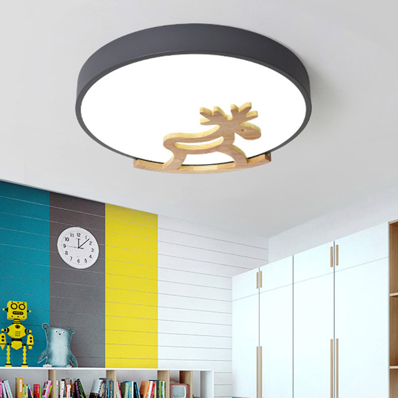 Kid's LED Deer Flush Mount Ceiling Light in Gray/White with Acrylic and Wood Accents