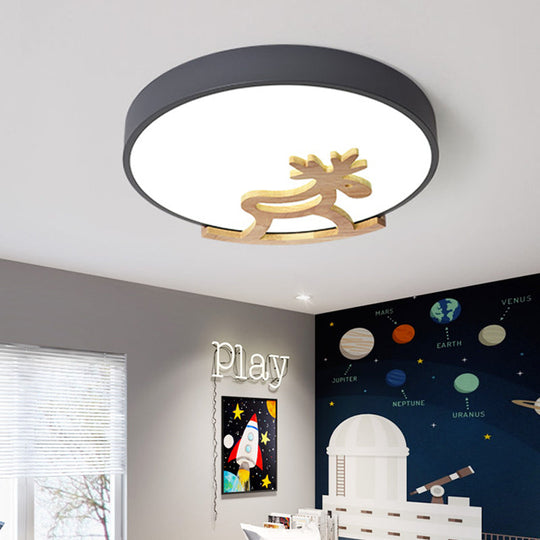 Kid's LED Deer Flush Mount Ceiling Light in Gray/White with Acrylic and Wood Accents