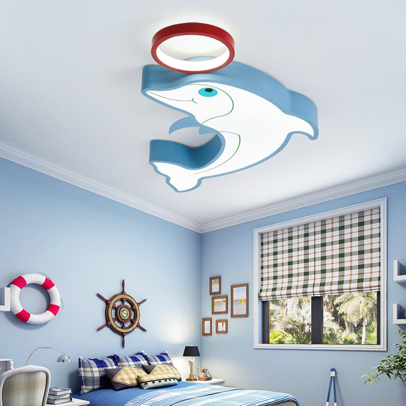 Blue Dolphin LED Flush Pendant Light for Kids - Modernist Style, Acrylic Shade, Close to Ceiling - 14"/16.5" Width