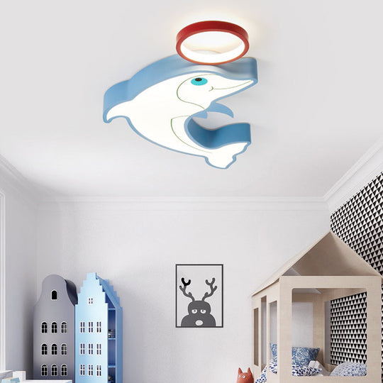 Blue Dolphin LED Flush Pendant Light for Kids - Modernist Style, Acrylic Shade, Close to Ceiling - 14"/16.5" Width