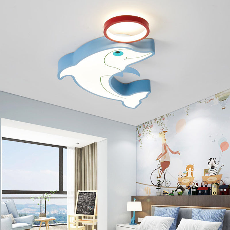 Blue Dolphin LED Flush Pendant Light for Kids - Modernist Style, Acrylic Shade, Close to Ceiling - 14"/16.5" Width