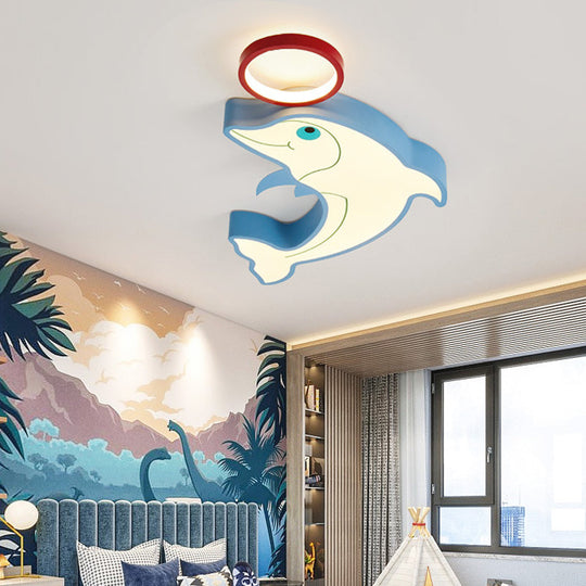 Blue Dolphin LED Flush Pendant Light for Kids - Modernist Style, Acrylic Shade, Close to Ceiling - 14"/16.5" Width