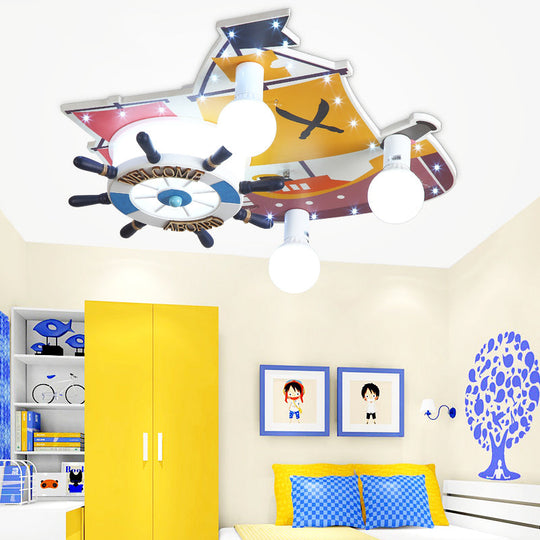 Yellow Wooden Ceiling Flush Mount Pendant Light with Cartoon Rudder Design