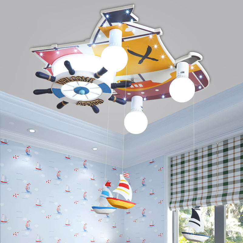 Yellow Wooden Ceiling Flush Mount Pendant Light with Cartoon Rudder Design