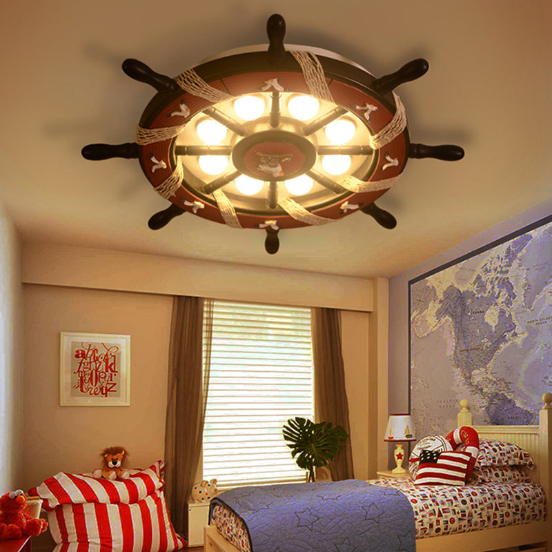 8-Light Bedroom Flush Mount Fixture with Rudder Wooden Shade - Cartoon Blue/Brown Ceiling Lamp in Warm/White Light