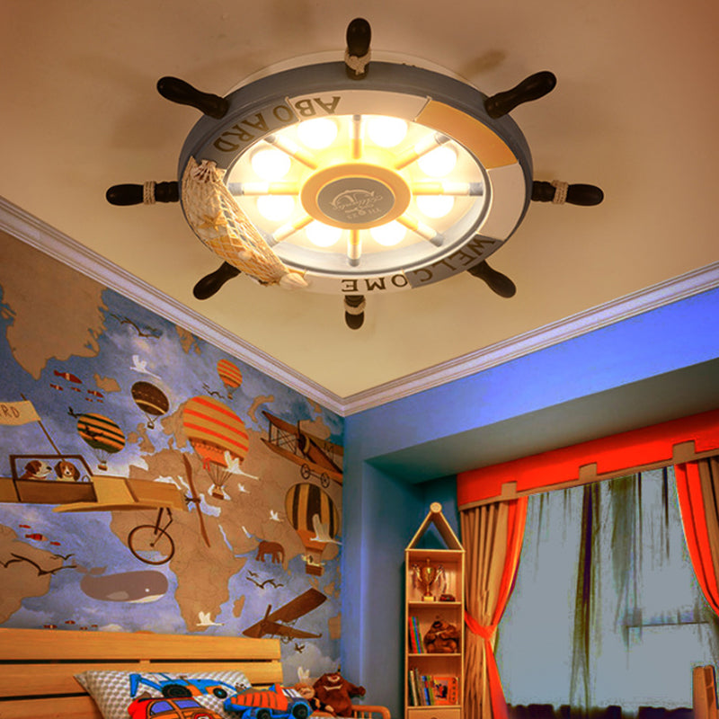 8-Light Bedroom Flush Mount Fixture with Rudder Wooden Shade - Cartoon Blue/Brown Ceiling Lamp in Warm/White Light