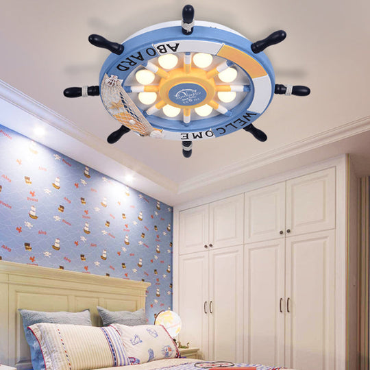 8-Light Bedroom Flush Mount Fixture with Rudder Wooden Shade - Cartoon Blue/Brown Ceiling Lamp in Warm/White Light