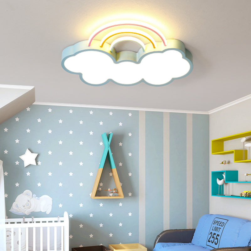 Kids LED Flush Mount Lamp: Blue Cloud and Rainbow Lighting (Warm/White), 13"/19" W